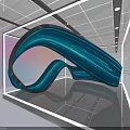 Modern Illuminated Blue Curved Structure In Transparent Display With Reflective Floor