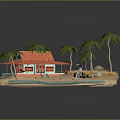Cartoon Beach Scene With Red Roof Hut Palm Trees And Ocean Water