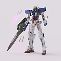 Detailed Blue and White Robot Model Featuring Large Sword With Pink Beams Behind