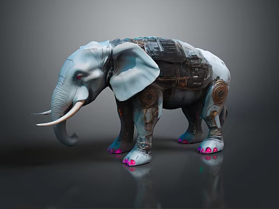 Mechanical Elephant Sculpture With Metallic Body Gear Details And Pink Toe Accents 3d model