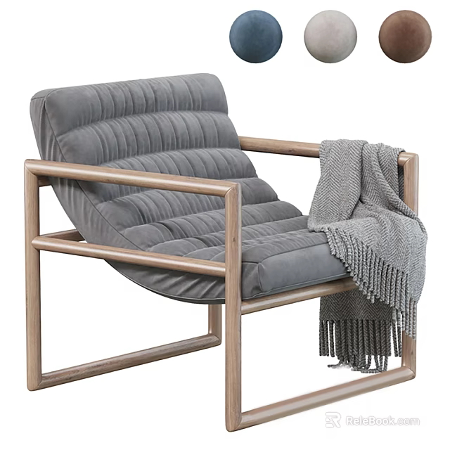 Modern Gray Lounge Chair With Wooden Frame Striped Backrest And Fringed Throw Blanket 3d model 