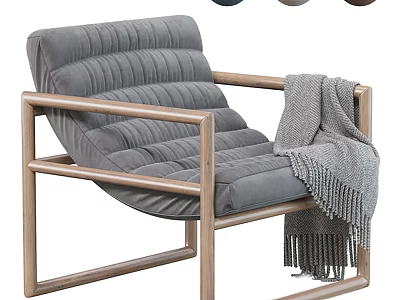 Modern Gray Lounge Chair With Wooden Frame Striped Backrest And Fringed Throw Blanket 3d model