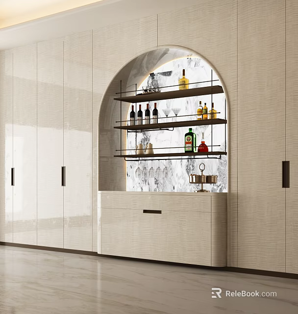 Modern Light Luxury Built In Wine Cabinet With Arched Open Display Shelves And Marble Backdrop 3d model 
