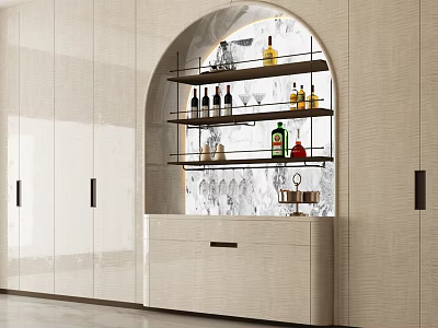 Modern Light Luxury Built In Wine Cabinet With Arched Open Display Shelves And Marble Backdrop 3d model