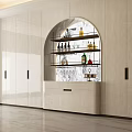 Modern Light Luxury Built In Wine Cabinet With Arched Open Display Shelves And Marble Backdrop