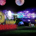 Industrial Factory Building With Colorful Mosaic Walls Rocket Like Structure Steps Green Lawn And Spotlights