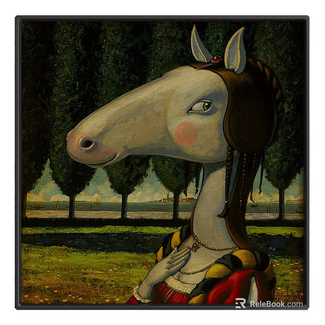 Artistic Animal Painting Featuring Horse Head in Mona Lisa Style with Scenic Background Trees 3d model 