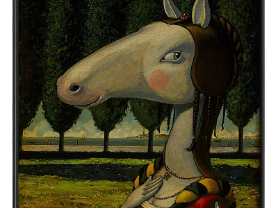 Artistic Animal Painting Featuring Horse Head in Mona Lisa Style with Scenic Background Trees 3d model