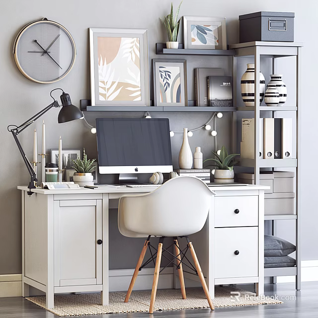 Modern Home Office Desk With Computer Lamp Potted Plants Shelves Wall Clock And Decorative Frames 3d model 