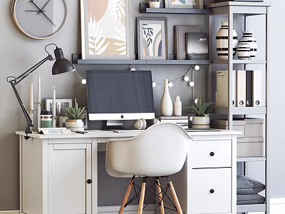 Modern Home Office Desk With Computer Lamp Potted Plants Shelves Wall Clock And Decorative Frames 3d model