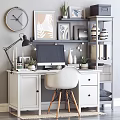Modern Home Office Desk With Computer Lamp Potted Plants Shelves Wall Clock And Decorative Frames