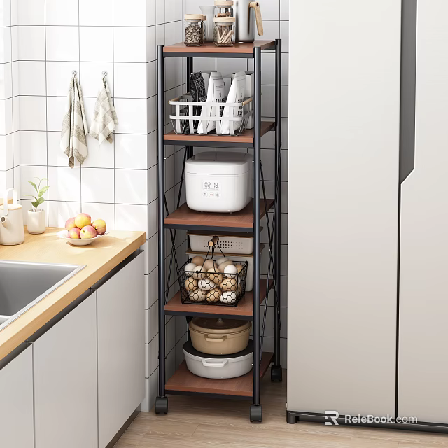 Modern Kitchen Multilayer Storage Shelf With Rice Cooker Baskets Pots And Tableware 3d model 