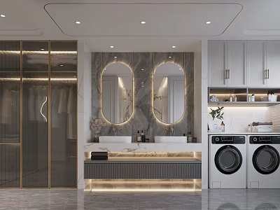 Modern Bathroom Interior With Double Mirrors Marble Countertop White Cabinets And Laundry Appliances 3d model