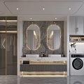 Modern Bathroom Interior With Double Mirrors Marble Countertop White Cabinets And Laundry Appliances