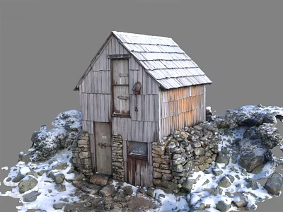 Rustic Wooden House Featuring Snow Covered Roof And Stone Walls Amidst Snowy Rocks 3d model