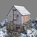 Rustic Wooden House Featuring Snow Covered Roof And Stone Walls Amidst Snowy Rocks