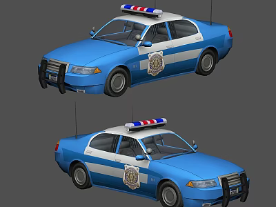 Blue Police Sedan With Emergency Lights Badge And Two Angle Views 3d model