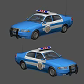 Blue Police Sedan With Emergency Lights Badge And Two Angle Views