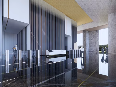 Elegant Modern Reception Desk In Spacious Lobby With Polished Floor And Ceiling Lighting 3d model