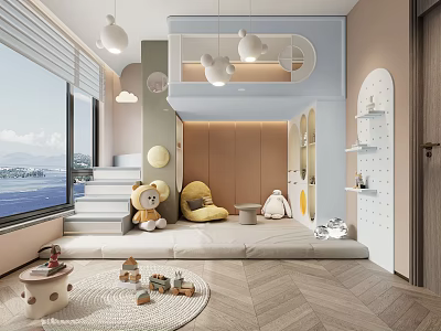 Bright Kids Room Interior With Stuffed Toys Play Rug Shelves And Pendant Lights By Window 3d model