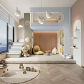 Bright Kids Room Interior With Stuffed Toys Play Rug Shelves And Pendant Lights By Window