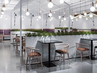 Modern Restaurant Interior With Hanging Pendant Lights Green Plants Glass Top Tables And Wooden Chairs 3d model