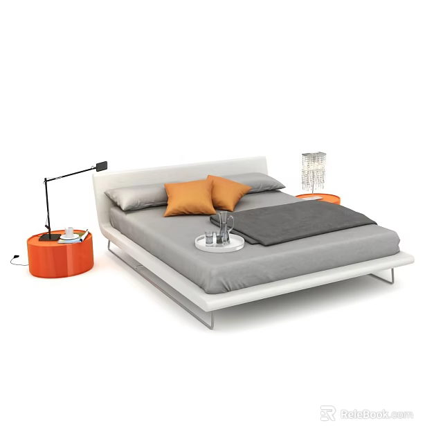 Modern Double Bed With Gray Mattress Orange Pillows Side Table And Table Lamp 3d model