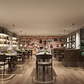 Modern Restaurant With Circular Pendant Lights Rock Decoration Dining Tables Chairs Car Display Wall Artworks