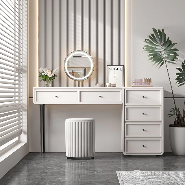 Modern Minimalist White Dressing Table With Round Mirror Drawers And Potted Plant Near Window Blinds 3d model 