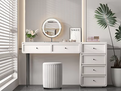 Modern Minimalist White Dressing Table With Round Mirror Drawers And Potted Plant Near Window Blinds 3d model