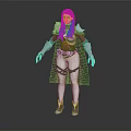 Fantasy Female Character 3D Model With Long Brown Hair Green Silver Armor And Brown Cape