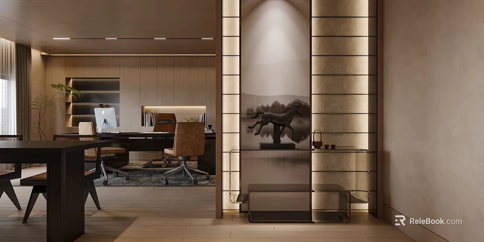 Elegant Modern Office Interior With Open Space Desk And Sculpture 3d model 