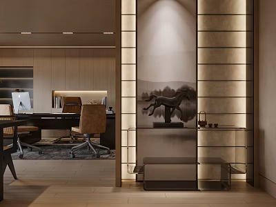 Elegant Modern Office Interior With Open Space Desk And Sculpture 3d model