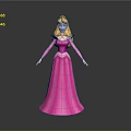 Woman In Pink Long Dress With Blonde Hair Standing On Gray Background