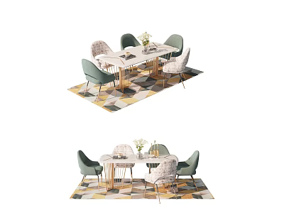 Modern Dining Table Set With Green Chairs And Geometric Pattern Rug 3d model