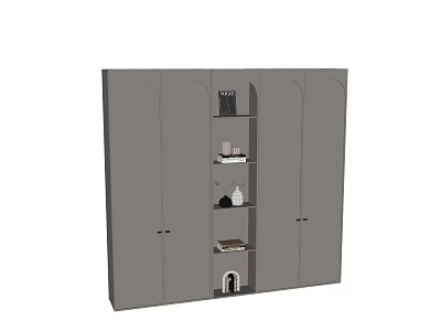 Gray Decorative Cabinet With Multiple Doors And Open Shelves Holding Items 3d model