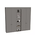 Gray Decorative Cabinet With Multiple Doors And Open Shelves Holding Items