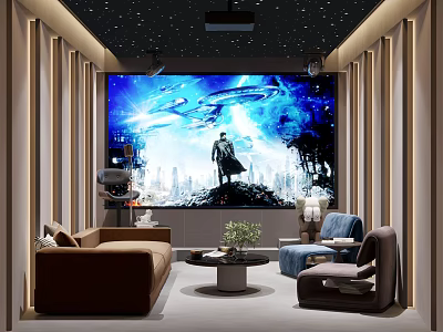 Modern Home Theater Interior with Starry Ceiling Large Screen Sofa Chairs and Projector 3d model