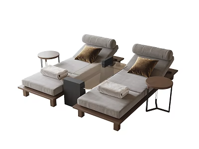 Two Comfortable Lounge Chairs With Pillows Towels And Side Tables 3d model