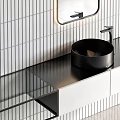 Modern Bathroom Washbasin Vanity With Black Basin Rectangular Mirror And Striped Tile Wall