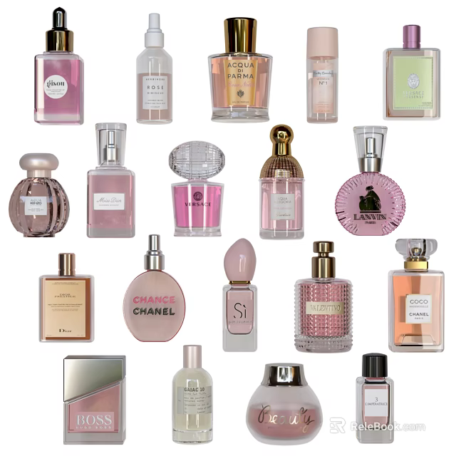 Perfume Cosmetics Featuring Various Elegant Bottle Designs And Brand Labels 3d model 