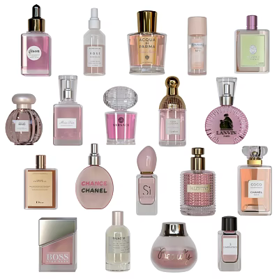 Perfume Cosmetics Featuring Various Elegant Bottle Designs And Brand Labels 3d model