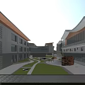 Contemporary School Building With Gray Exterior Glass Curtain Walls Courtyard Green Lawn And Stone Path