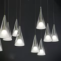 Multiple White Conical Pendant Lights Hanging In Indoor Dark Ceiling Interior 3d model