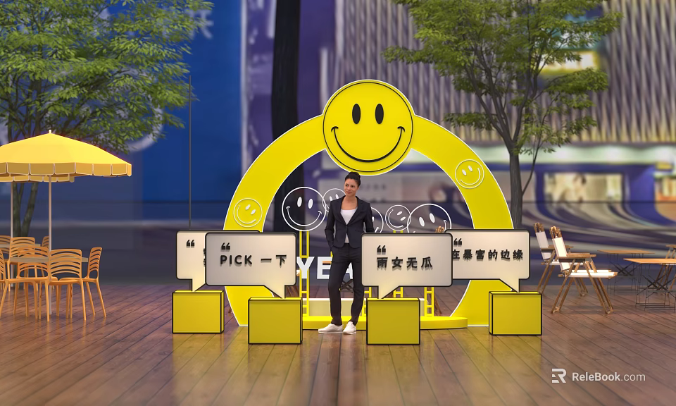 Outdoor Photo Check In Spot With Large Yellow Smiley Face Frame And Check In Signs 3d model 