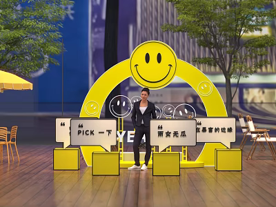 Outdoor Photo Check In Spot With Large Yellow Smiley Face Frame And Check In Signs 3d model