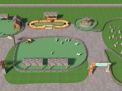 Scenic Garden Landscape with Green Lawns Fences Cottages Ponds and Paths 3d model