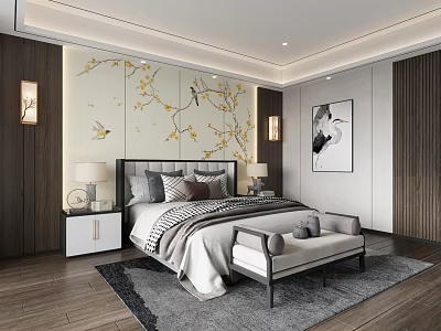 Modern Bedroom Interior With Floral Bird Wall Art Bedside Lamps Bed Bench And Wooden Flooring 3d model
