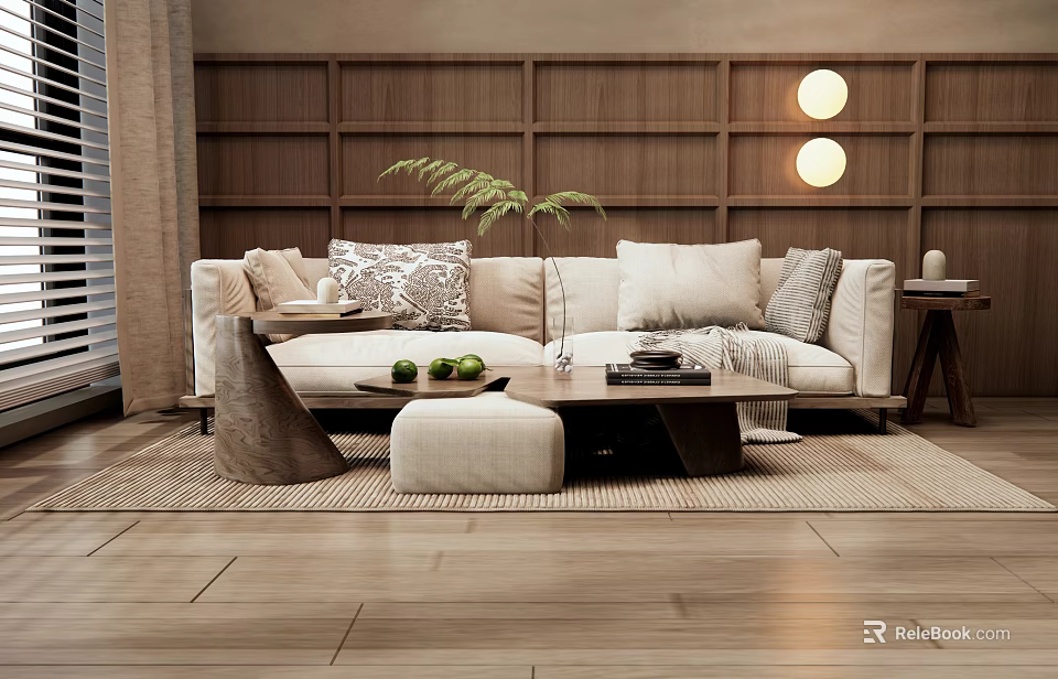 Modern Living Room Interior With Beige Two-Seater Sofa Pillows Coffee Table And Round Pendant Lights 3d model 