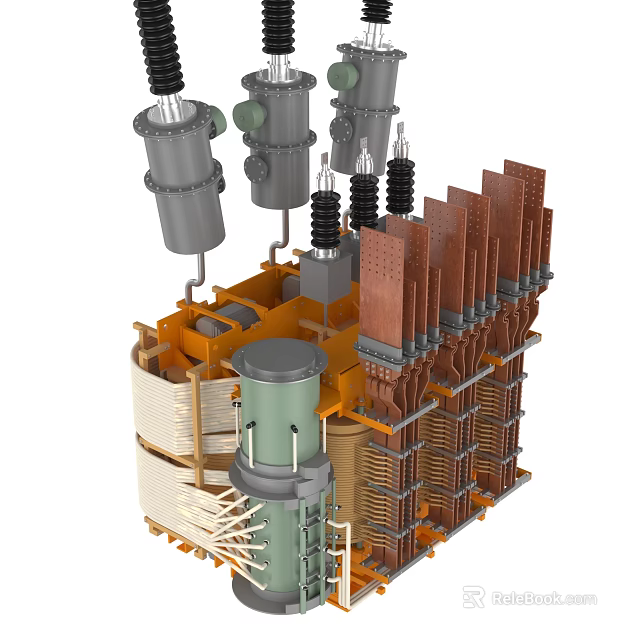 Industrial Transformer Equipment Featuring Complex Metal Structure Coils Pipes And Multi Colored Components 3d model 
